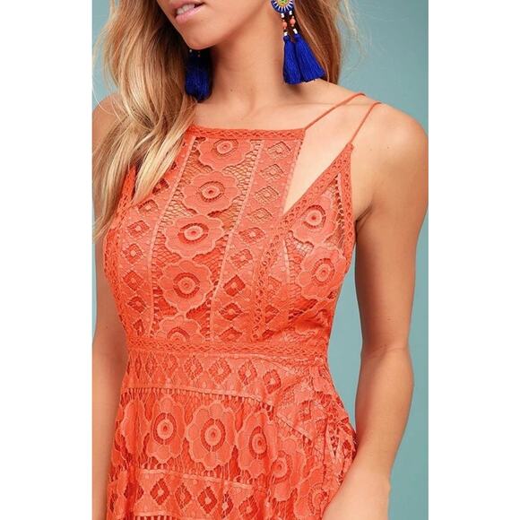 Free People Just Like Honey Orange Coral Lace Handkerchief Asymmetrical Dress - Picture 5 of 15